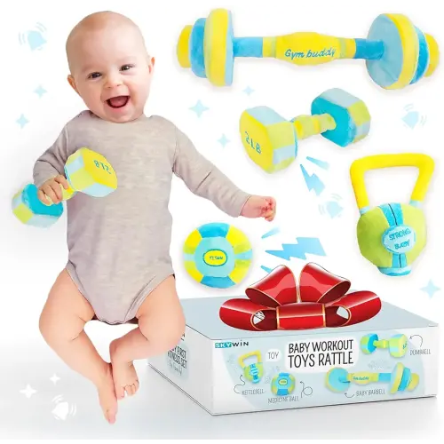 Skywin Plush Baby Dumbbell Toy – Adorable Soft Weight Set for Infants and Toddlers Ages 0+, a Cute Christmas Gift for Babies, Fun Birthday Surprise, Easter Basket Toy, and Holiday Gift Idea 2025