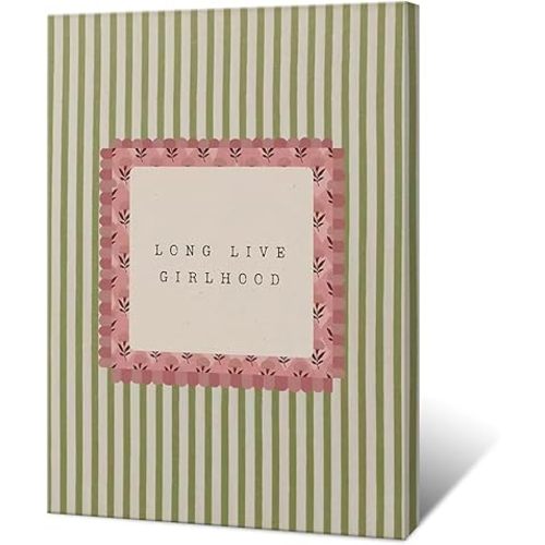 Long Live Girlhood Quote Print Painting Pink And Green Striped Canvas Poster Vintage Girl Nursery Floral Wall Art Boho Feminine Cottagecore Home Decor for Playroom Living Room Bedroom 16x24inch Framed