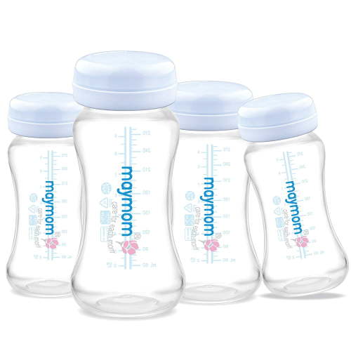 Maymom Wide-Mouth Milk Storage Collection Bottle with Travel Cap Sealing Ring, Blue 4pc