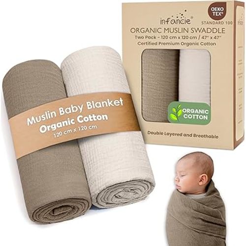 Organic Cotton Muslin Baby Blanket - 47x47 Inch Breathable Swaddle, Hypoallergenic Double-Layer, Versatile Use (Olive/Ivory, 47x47 Inch)