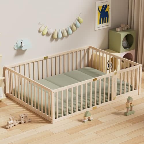 LLS Full Size Floor Bed with 21.6" High Fence, Solid Wood Multifunctional Montessori Bed Frame with Door for Kids Boys Girls, Without Slats, Natural