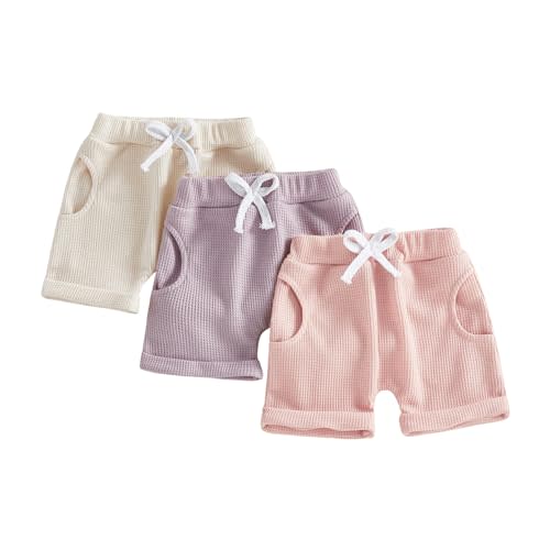 Sejardin Toddler Baby Girl Shorts 3 Pack Solid Waffle Elastic Waist Bottoms Infant Summer Casual Shorts