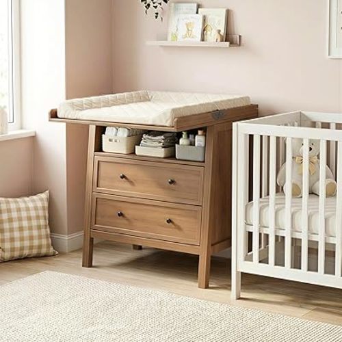 Changing Table Dresser with Foldable Tabletop, Baby Dresser with 2 Wide Drawers & Open Storage Space, Modern Diaper Changing Station, Perfect for Nursery, Natural Wood (Pad Not Included)