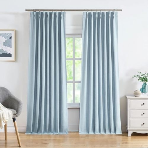 Dusty Blue Pinch Pleated Full Blackout Curtains Linen Texture Thermal Insulated Window Treatment Panel 84 Inch for Living Room Bedroom Noise Reducing Back Tab Drapes with Hooks, 2 Panel, 40"Wx84"L