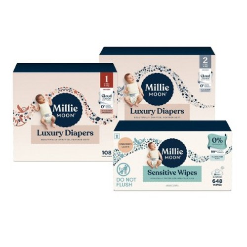 Millie Moon 96 Count/Size 2 Luxury Disposable Diapers + 108 Count/Size 1 Luxury Disposable Diapers + 648 Count Sensitive Baby Wipes