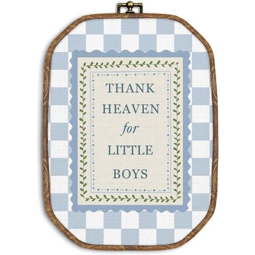 ZIKZAUDOU Trendy Boys Nursery Octagon Wall Art Framed, Thank Heaven for Little Boys Canvas Prints Wall Decor, Inspirational Blue Checkered Hanging Decor for Toddler Room Nursery Playroom, 10.2x7 Inch