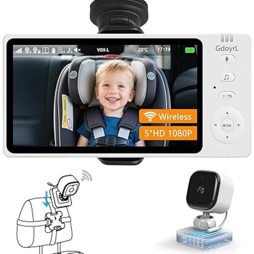 Wireless Baby Car Camera 5" HD 1080P IPS Anti-Glare Screen USB Powered, Temperature Alert, Night Vision & VOX Mode, 360° Rotatable Rear Facing Carseat Monitor Newborns Travel Essentials Gifts