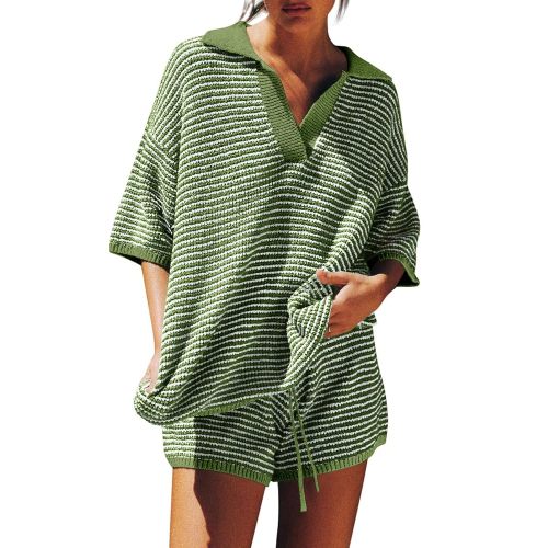 Tankaneo Womens Sweater Set 2 Piece Outfits Oversized 3/4 Sleeve V Neck Knit Tops High Waisted Shorts Lounge Sets