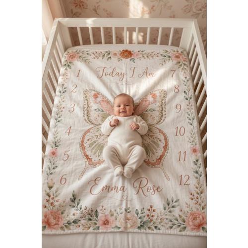 Personalized Butterfly Baby Milestone Blanket, Floral Baby Shower Gift, Boho Baby Girl Monthly Milestone Blanket, Custom First Year Keepsake