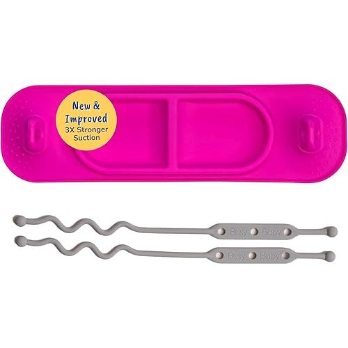BUSY BABY Silicone Mini Mat - New and Improved Suction Cups, 2 Straps to Secure Baby Essentials, Self Feeding, Baby Led Weaning, Travel Wet Bag Included (Pink Mini)