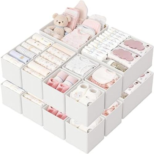 Drawer Organizer, 16 Pack Baby Dresser Organizer for Nursery, Foldable Closet Organizers and Storage Dresser Dividers for Clothes, Socks, Scarves, Ties (White)