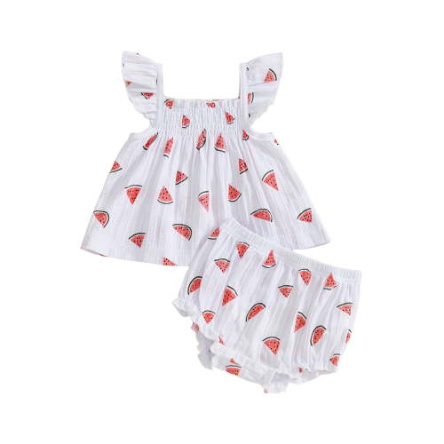 Loicainy Baby Toddler Girl Watermelon Shorts Outfit 3 6 12 18 24 Months Flying Sleeve Smocked Babydoll Tops and Ruffle Shorts 2 Piece Summer Clothes Set