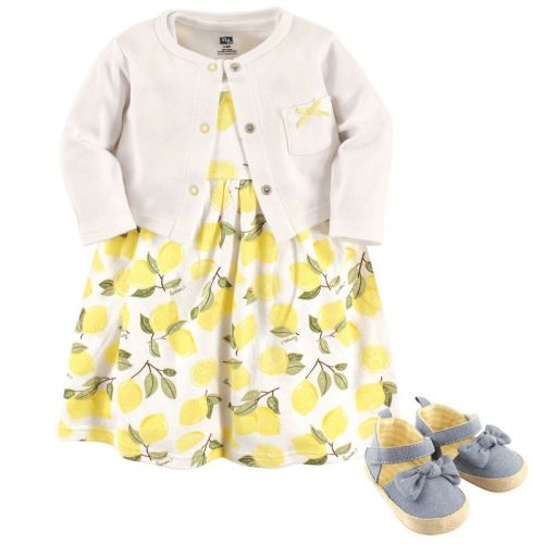 Hudson Baby Infant Girl Cotton Dress, Cardigan and Shoe 3pc Set, Lemon