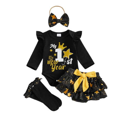 BemeyourBBs Newborn Baby Girl My First New Years Outfit Letters Print Romper Skorts Skirts Set Stockings Headband 4Pcs Fall Winter Spring Clothes