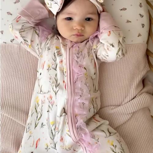 Before & Ever Newborn Double Zip Onesie - Floral Easter Bunny Clothes for Newborn - Pink