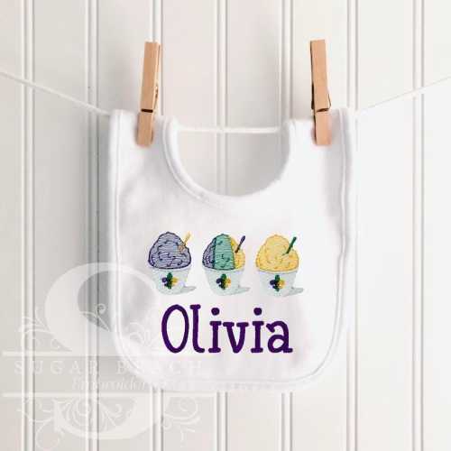 Personalized Baby Bib | Mardi Gras Sno-Ball Design | New Orleans Snowball | Custom Embroidered | Fat Tuesday | NOLA Baby Gift