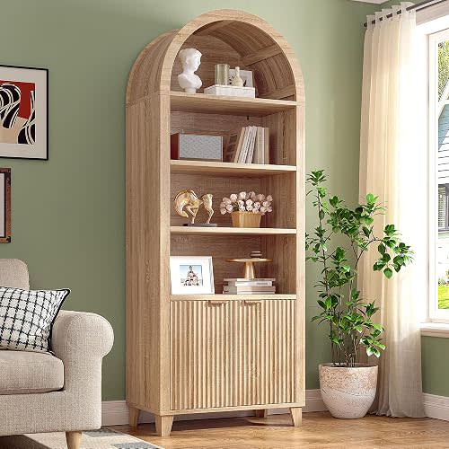 DurayLoly 79.9" Tall Arched Cabinet, 6-Tier Arched Bookcase with Fluted Doors and Adjustable Wood Shelves, Wooden Storage Cabinet with Tall Bookshelf for Office, Living Room, Kitchen, Light Oak