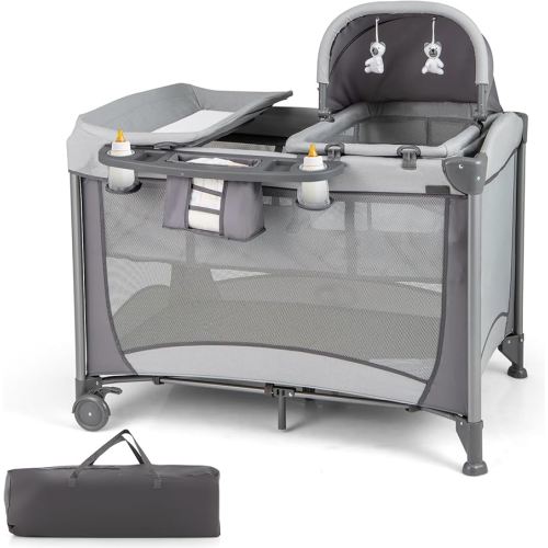 HONEY JOY Pack and Play with Bassinet, 5 in 1 Portable Baby Playard w/Changing Table, Removable Infant Full-Size Bassinet & Mattress, Diaper Storage Bag, Foldable Newborn Nursery Center w/Carry Bag