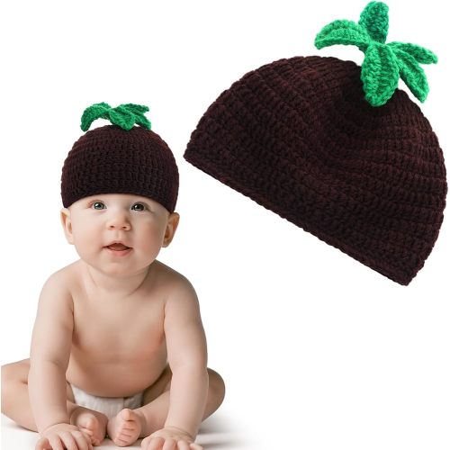 16 to 18 Inches Baby Mandrake Hat Halloween Beanie Modeling Hand Knitted Brown Beanie Newborn with Green Leaf Decorations Handmade Weaving Baby Costume for Halloween Party Styling