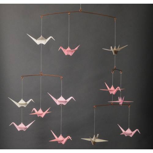 Handmade Origami Crane Mobile: Pink & White Paper Cranes, Copper Wire