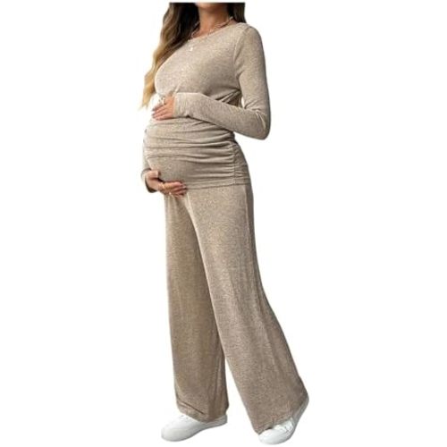 OYOANGLE Women's Maternity 2 Piece Outfits Long Sleeve Ruched Nursing Top and Straight Leg Pants Lounge Set
