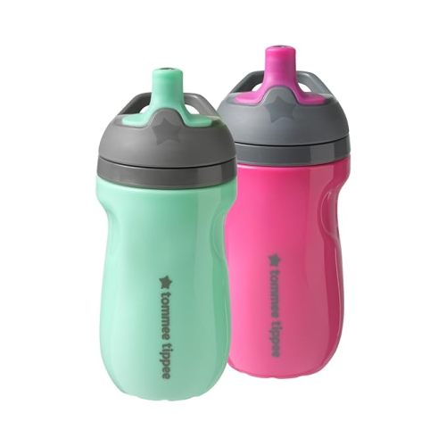 Tommee Tippee Insulated 9oz Sporty Spout Toddler Water Bottle, No Spill, Sippy Cups for Toddlers 1-3, Two-Piece Valve Helps Stop Spills, Hot Pink & Mint, BPA Free, Pack of 2