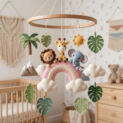 Safari Crochet Baby Mobile, Jungle Nursery Mobile, Handmade Crib Mobile, Lion Giraffe Elephant Baby Shower Gift, Nursery Decor