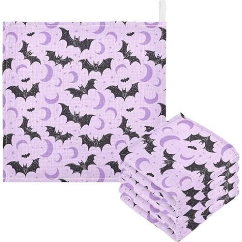 Newborn Face Towel Halloween Bat Soft Cotton Baby Washcloths 11.8 x 11.8 Inch Infants Girls Boys Muslin Burp Cloths 5 Pack