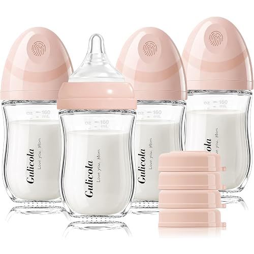 Gulicola Natural Glass Baby Bottle 4 Pack, Newborn Breastfeeding Bottles Set, Extra Slow Flow Nipples (SS), Anti Colic, 0 Months+, 5 oz - Pink