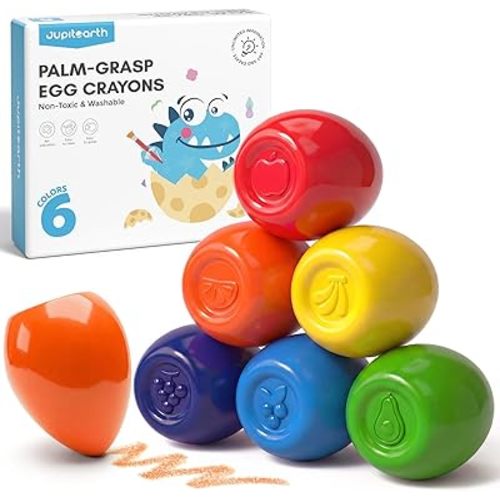 JUPITEARTH 6 Colors Egg Crayons for kids, Palm-Grasp Non Toxic Jumbo Washable Crayons for Kids, Fat Brain Toys for Art Supplies and Perfect Gifts for Boys and Girls