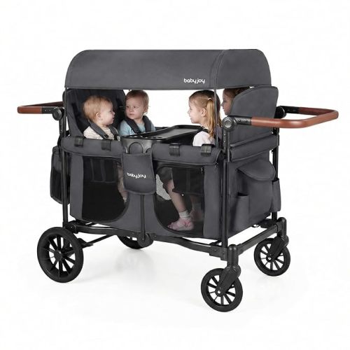 BABY JOY Wagon Stroller for 4 Kids, Foldable Stroller Wagon with Removable Canopy, Adjustable Handle, Snack Tray, Parent Organizer, 5-Point Safety Harness, Convertible Diaper Bag/Changing Pad (Gray)