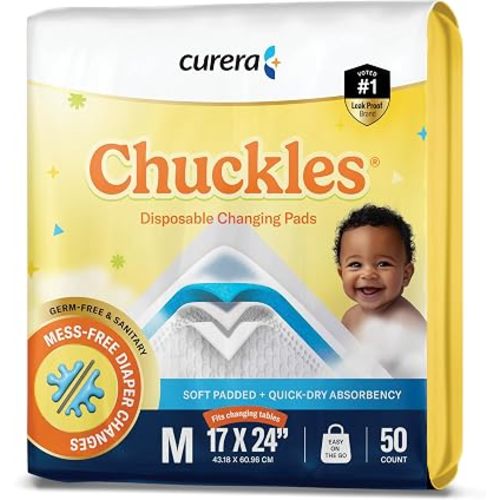 Chuckles® 5-Layer Disposable Changing Pads for Baby - 17x24 50ct Disposable Diaper Changing Pads, Changing Pad Liner, Baby Pee Pads, Diaper Pads, Hypoallergenic Changing Pads for Travel - Curera Brand