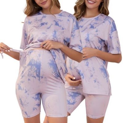 INSPIRE CHIC Women Maternity Set Tie Dye Short Sleeve and Shorts Set Pregnancy Pajama Outfits Bike Shorts