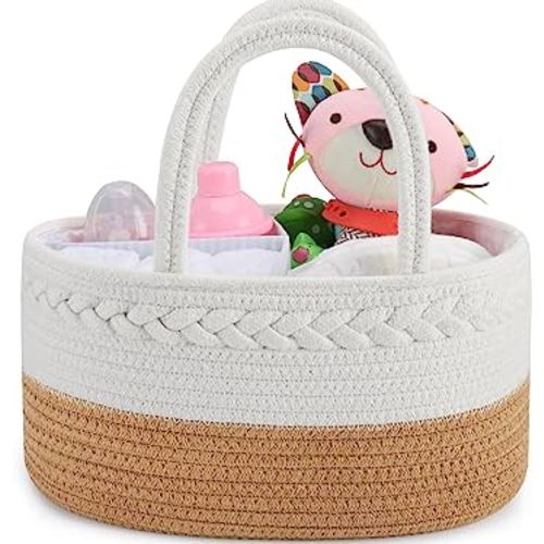 ABenkle Diaper Caddy Organizer, Boho Rustic Cotton Rope Nursery Baby Basket, Changing Table Organizer for Baby Diaper Storage and Baby Shower