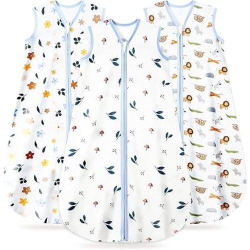 3 Pack Baby Sleep Sack 6-12 Months 100% Organic Cotton, 0.5 TOG Lightweight Wearable Blanket, 2-Way Zipper Sleeping Bag, Animal&Plant&White