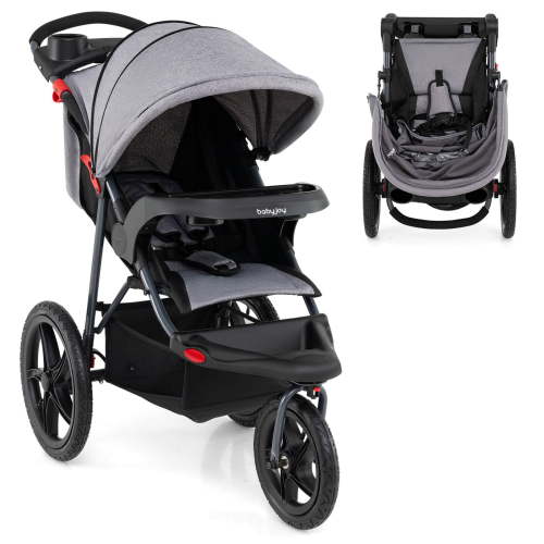 Babyjoy Jogging Stroller Foldable Jogger with Adjustable Canopy Detachable Tray Cup Holders Gray