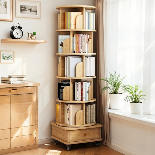Latitude Run® Rotating Bookshelf, 360° Display Round Spinning Bookshelf with Wheels and Drawer, Space-Saving, Small Space Rotating Bookshelf Tower for Bedroom, Living Room, Home, Office | Wayfair