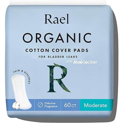 Rael Incontinence Pads for Women, Organic Cotton Cover, Postpartum Essential, Heavy Absorbency, Bladder Control, 4-Layer Core with Leak Guard Technology, Long Length (Moderate, 60 Count)