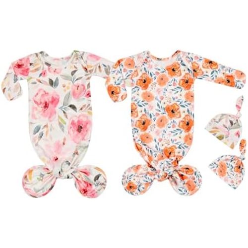 Newborn Baby Sleeper Gown - Knotted Nightgown Coming Home Outfits for Baby Girl - 2-Piece Set With Hat