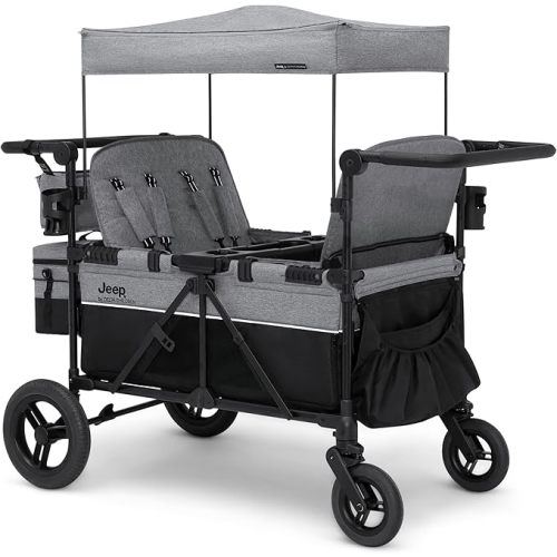 Jeep Wrangler Deluxe 4 Seater Stroller Wagon by Delta Children - Premium Quad Stroller Wagon for 4 Kids with Convertible Seats, Adjustable Push/Pull Handles, Removable Canopy & Flat Fold, Grey
