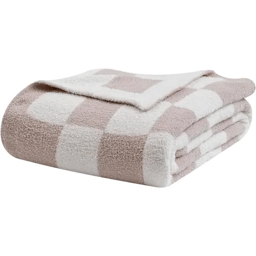 bearberry Fuzzy Checkerboard Grid Throw Blanket Soft Cozy Warm Microfiber All Season Blanket Decor for Couch Sofa Bed Travel Home (Cream, 50''x60'')