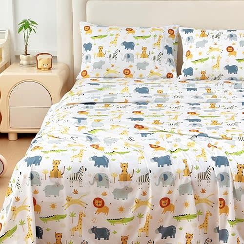 MICORAL Queen Sheets Set Kids, Wild Animal Sheets for Boys Girls & Teens, 4 Piece Soft Printed Microfiber Bed Sheets, Deep Pocket Cozy Cute Toddler Bedding Set