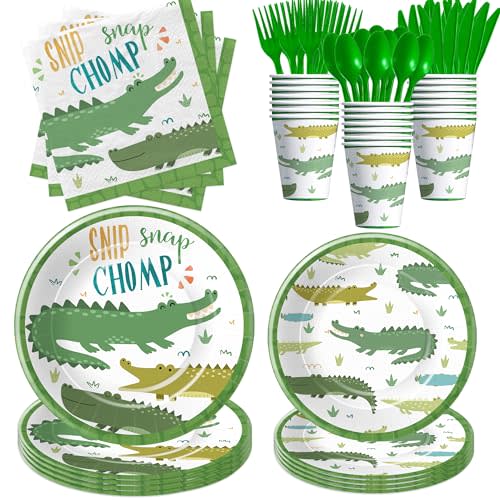 Xigejob Reptile Crocodile Alligator Party Decorations Supplies, Serves 24 | For Birthday Baby Shower, Alligator Birthday Party Supplies, Disposable Paper Plate, Cup, Napkin, Cutlery, Serves 24
