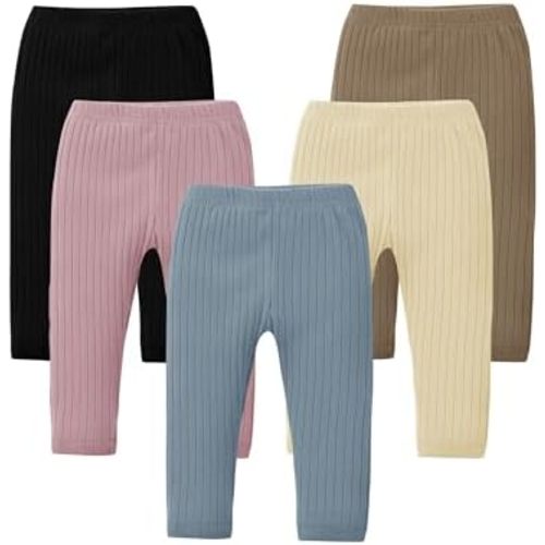 Resinta 5 Pack Baby Girl Pants Soft Cotton Ribbed Toddler Girl Leggings Stretchy Pull On Infant Pants for 0-4 Years