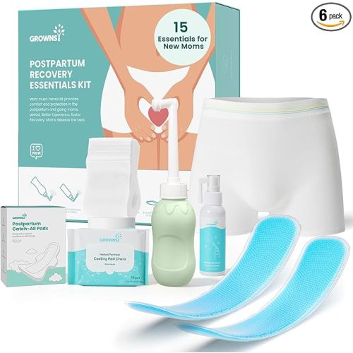 Grownsy 15pc Postpartum Essentials Recovery Kit | Postpartum Kit for Women | Includes 5 Postpartum Pads, 5 Disposable Underwear, 2 Ice Packs, Peri Bottle, Perineal Spray & 28 Cooling Pad Liners