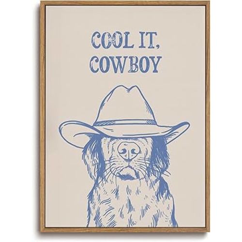 ZZLWBKGL Framed Vintage Cowboy Wall Art Western Wall Decor Funny Animal Canvas Art Funky Dog Pictures Trendy Blue Paintings Cool It Cowboy Artwork For Living Room Bathroom Nursery