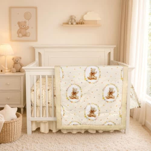 Hooyax Baby Bear Crib Bedding Set for Boys–4Pcs Soft Baby Bedding Set, Includes Crib Skirt, Fitted Sheet, Comforter & Diaper Stacker