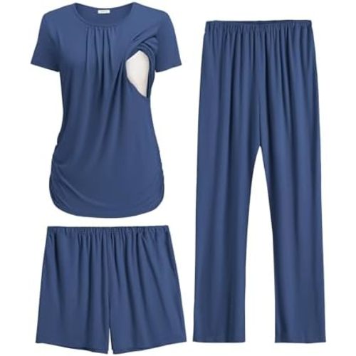 Ekouaer Maternity Nursing Pajamas Set 3 Piece Postpartum Lounge Breastfeeding Pjs Pregnancy Shorts & Pants S-XXL
