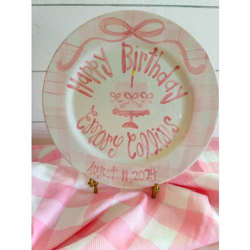 Girls bows birthday plate / pedastal cake  gingham ribbon first birthday / pink white / smash cake 1st birthday / grand millennial coquette