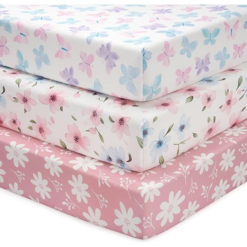 Baby Crib Sheets Girl, 3 Pack Toddler Bed Sheets Fit for 52”x28” Standard Crib and Toddler Mattresses, Super Soft Microfiber Pink Butterfly Flower